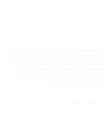 Les mots sont justes, les émotions affleurent 
de peu, à flore de peau, la tête dans les usages, 
la fête dans les nuages, le regard est acéré, 
le style tranche dans le vif, les mots sentent 
la sueur, pas la chaise.

François Braud  BRO BLOG BLACK

La chronique

"Je viens de lire tes Oiseaux et autres instants, avec grand plaisir, on se promène dans le monde avec toi de poème en poème, et dans la vie légère et profonde à la fois, et avec la mort qui ne finit rien. La mésange qui s'envole page 23 est mystérieuse, certains poèmes suggèrent, tandis que d'autres font des confidences, tandis que d'autres s'insurgent. Et l'objet-livre est un petit bijou. » 
Albane Gellé


UNE MISE EN VOIX 
SUR RADIO SAINT-AFFRIQUE
